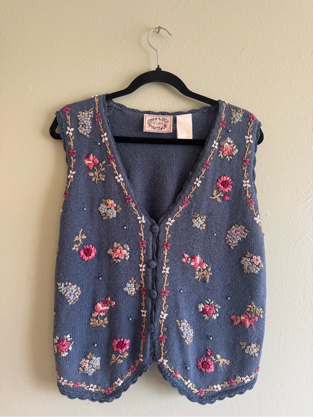 Erika Navy Embroidered Floral Knit Vest